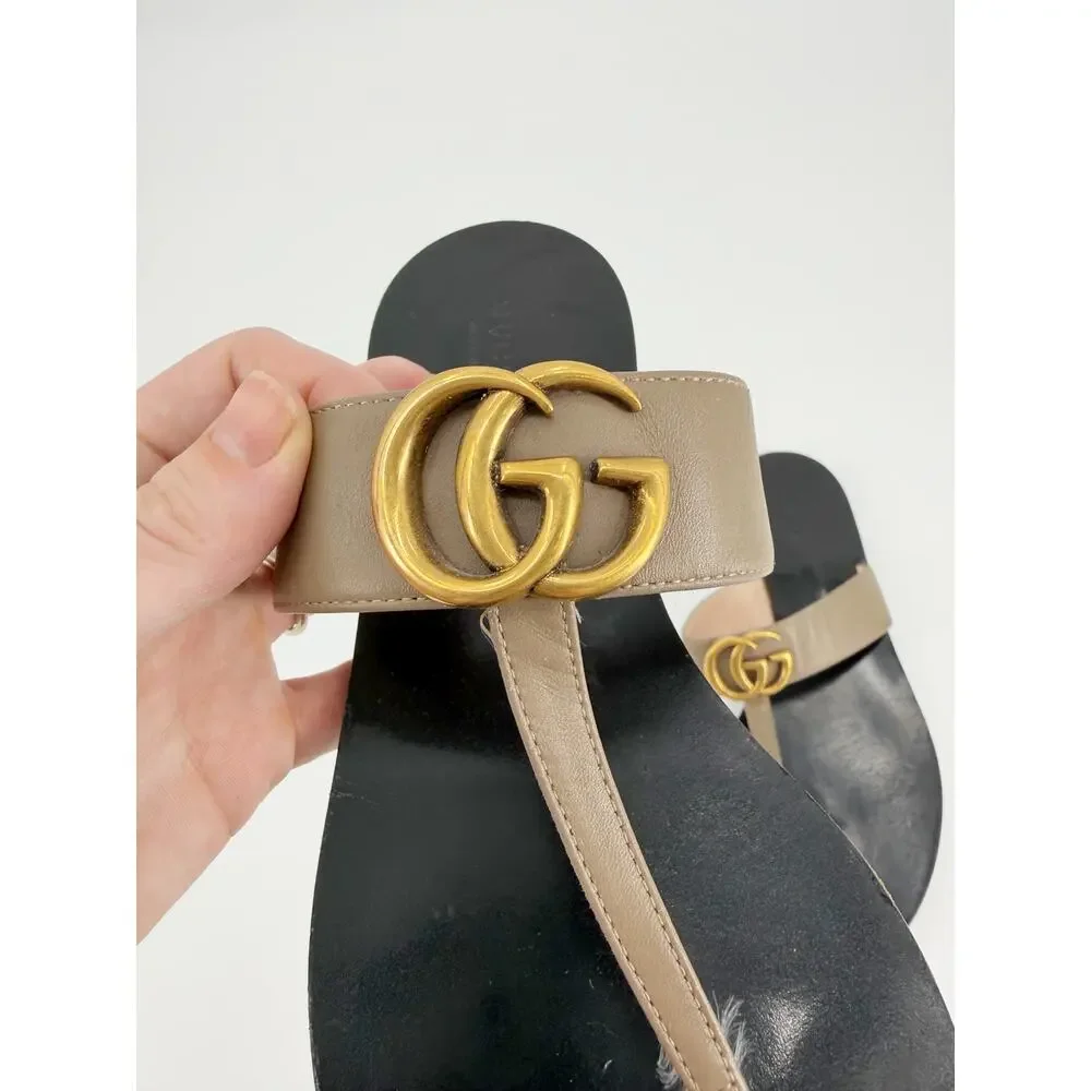 Gucci Marmont Black Leather Double G Logo Thong Sandals Flat Size 39 EU 9